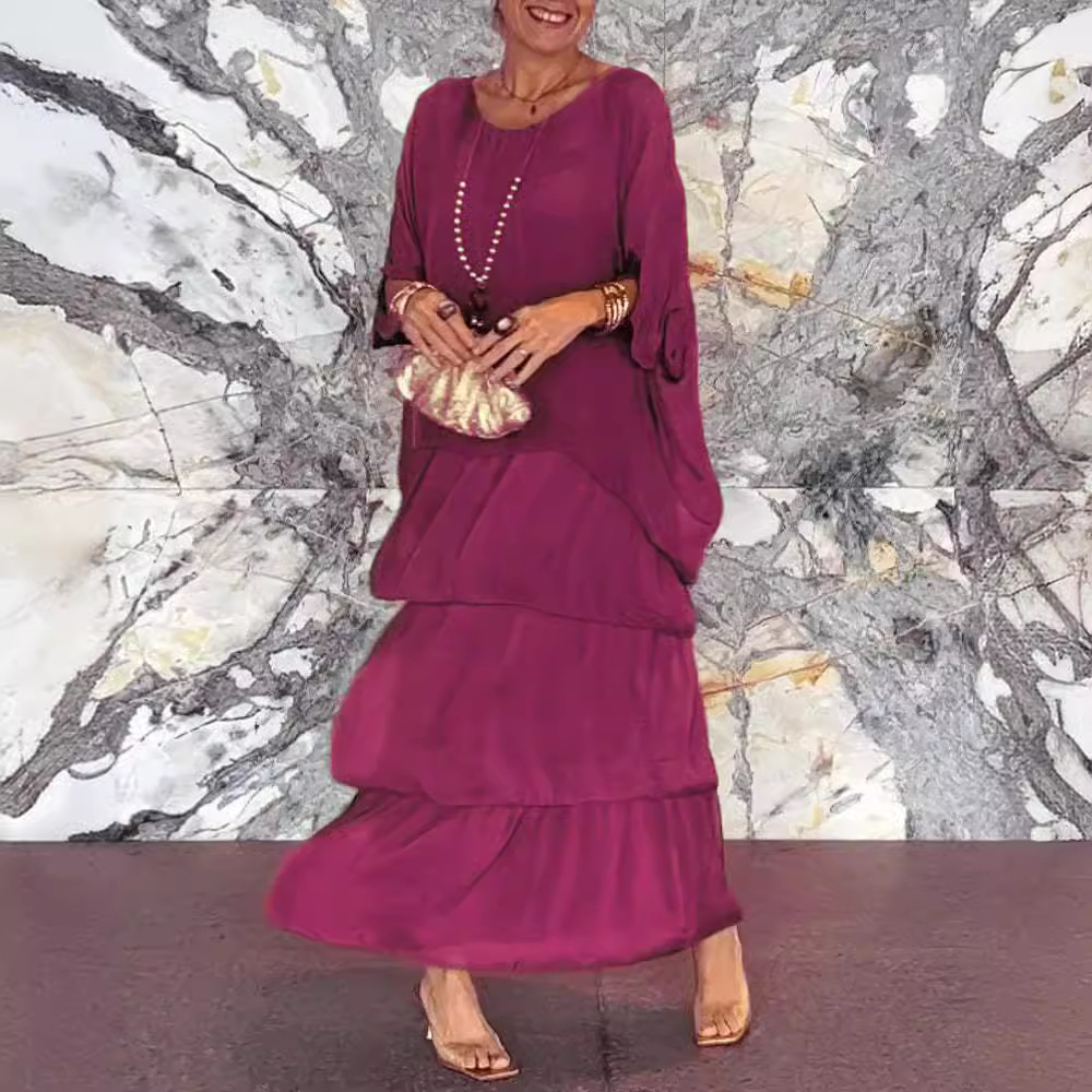 Chiffon mesh round neck long dress