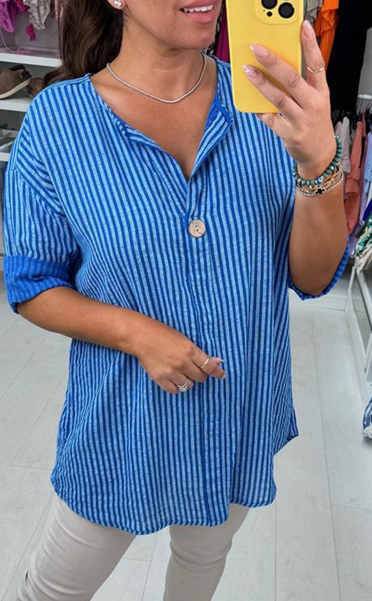 Casual Button Striped V-Neck Solid Color Shirt