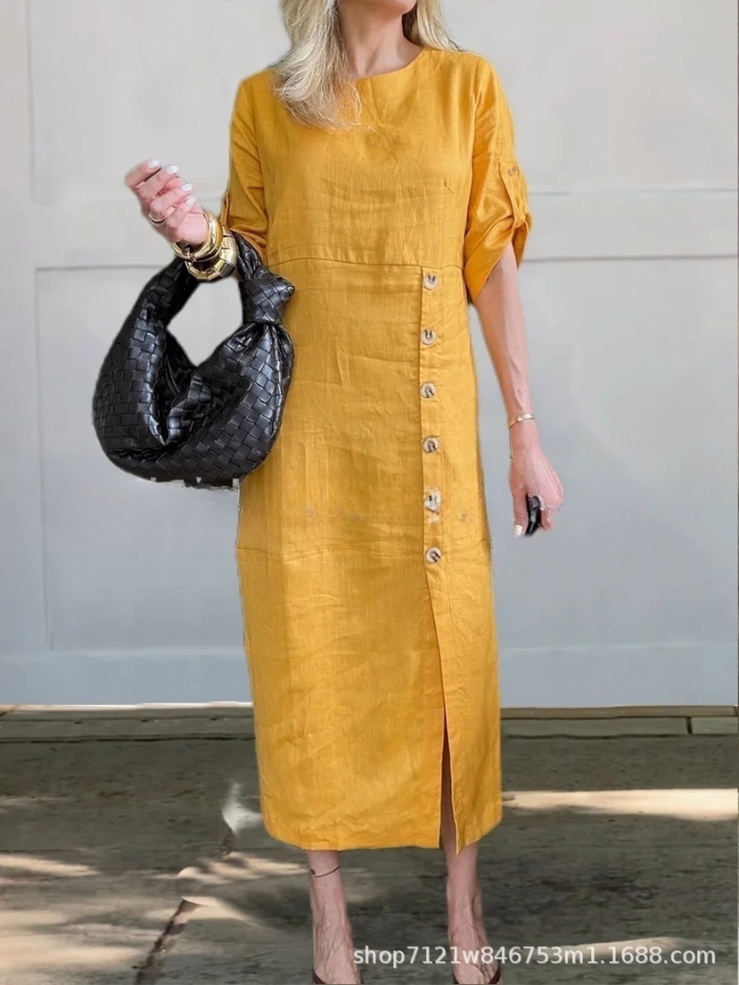 Casual Round-Neck Button-Down Slit Dress