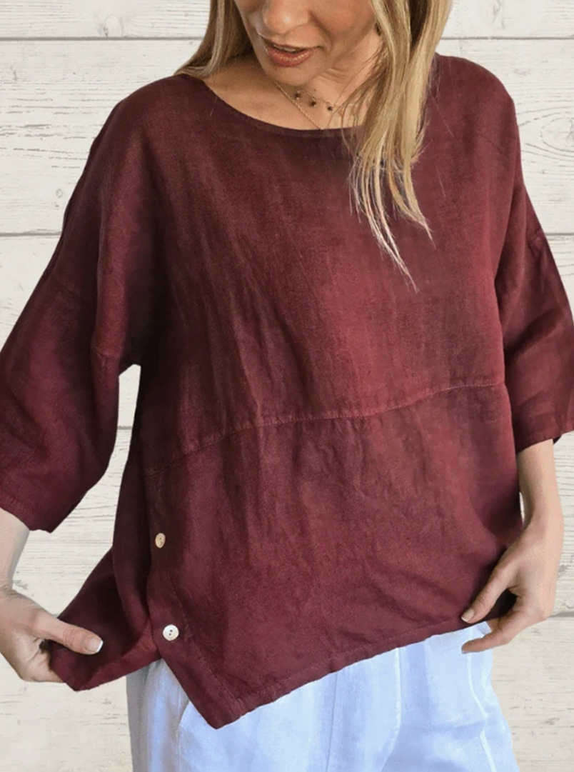 2025 🔥Casual Round Neck Cotton and Linen Button Down Loose Shirt