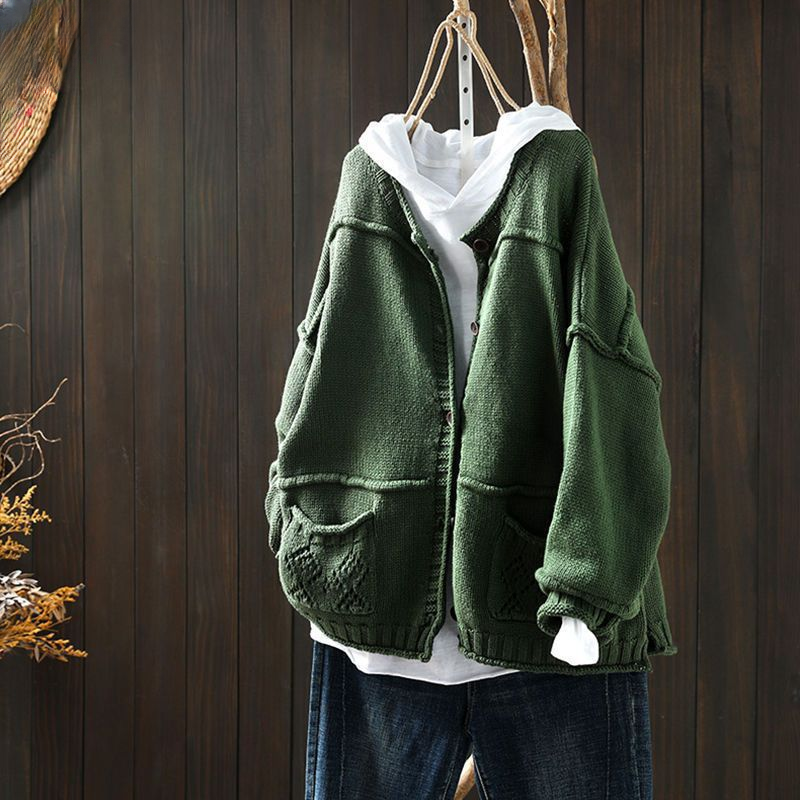 Casual Vintage Distressed Knitted Pocket Cardigan