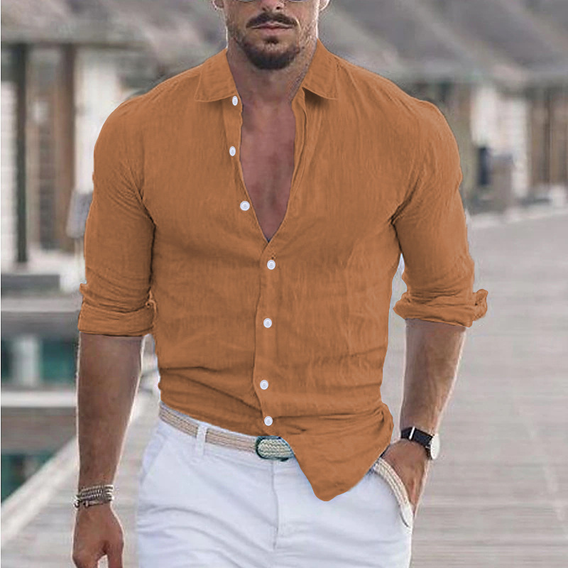 Cotton And Linen Lapel Solid Color Beach Long Sleeve Shirt