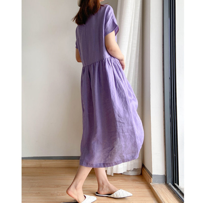 Solid Color Cotton Linen Loose Mid-Length Dress