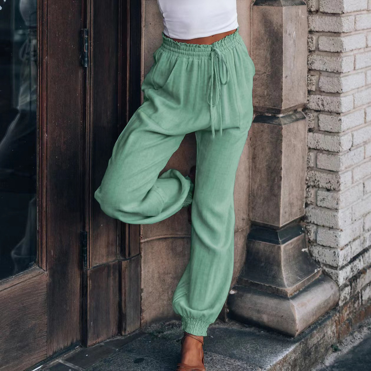 2025 Solid color casual drawstring elasticated waist haren pants