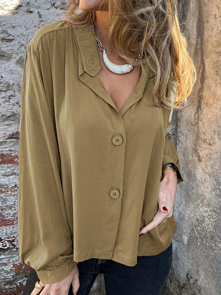 Stand Collar Linen Long Sleeved Shirt With Large Buttons