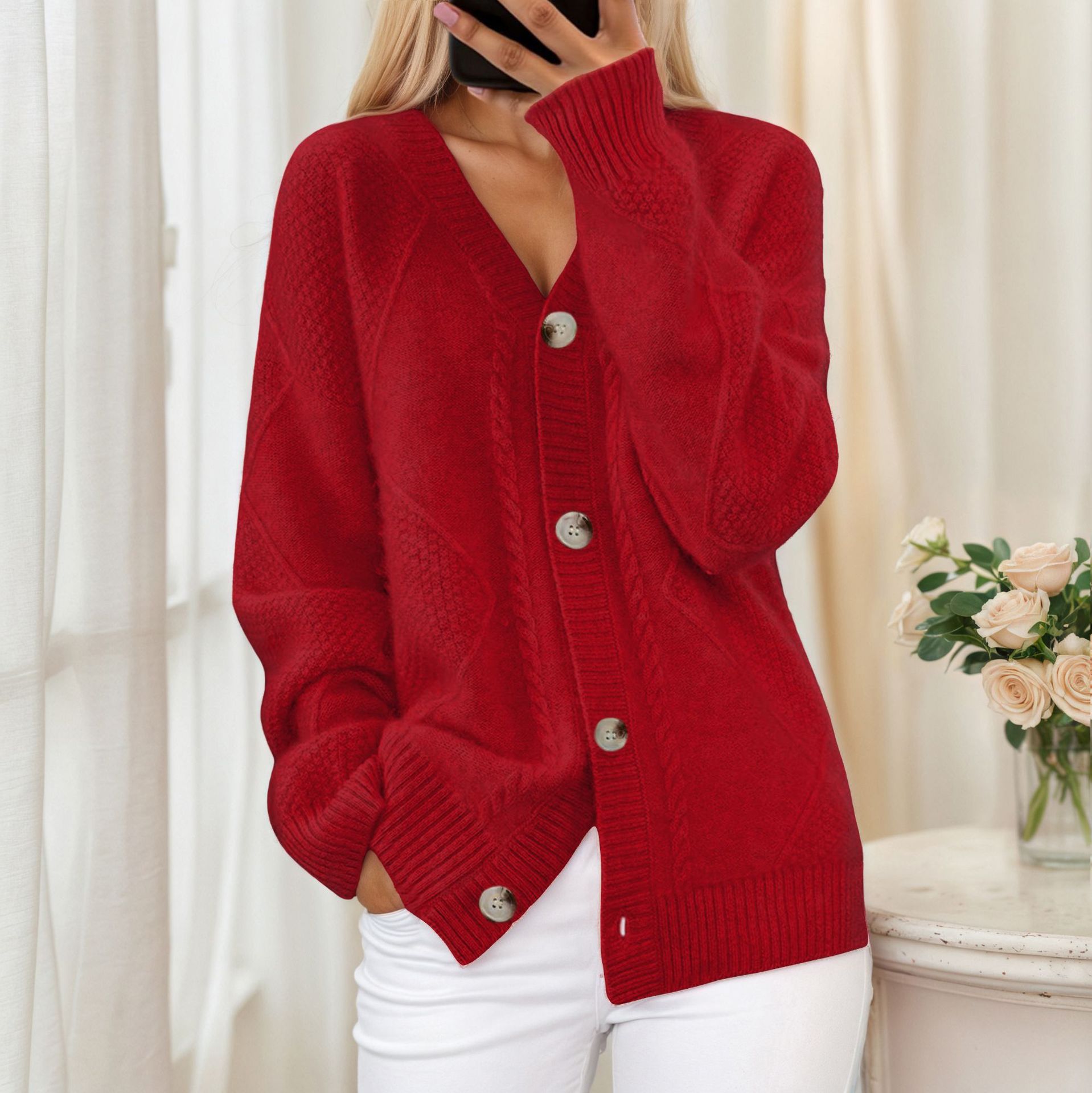 2025 New Solid Color Long Sleeve V Neck Knitted Cardigan Breasted Jacquard Sweater Jacket