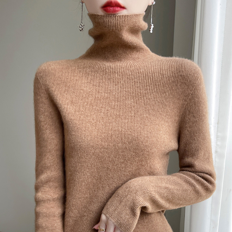 Ready-To-Wear Turtleneck Bottoming Shirt Seamless Striped Autumn And Winter One-Line Sweater New Pile Collar Women'S Sweater Slim Gray