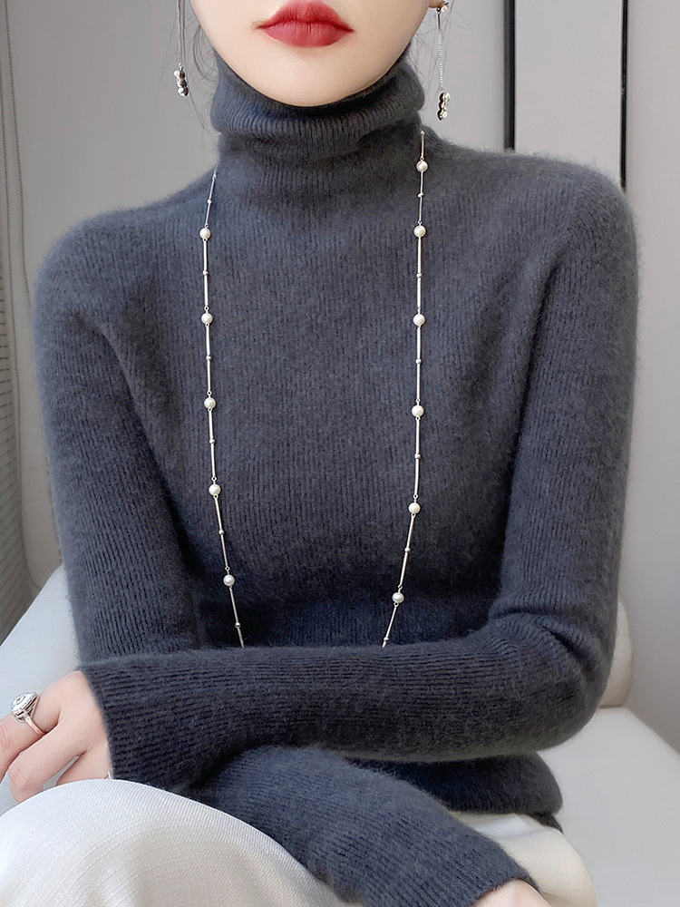 Ready-To-Wear Turtleneck Bottoming Shirt Seamless Striped Autumn And Winter One-Line Sweater New Pile Collar Women'S Sweater Slim Gray