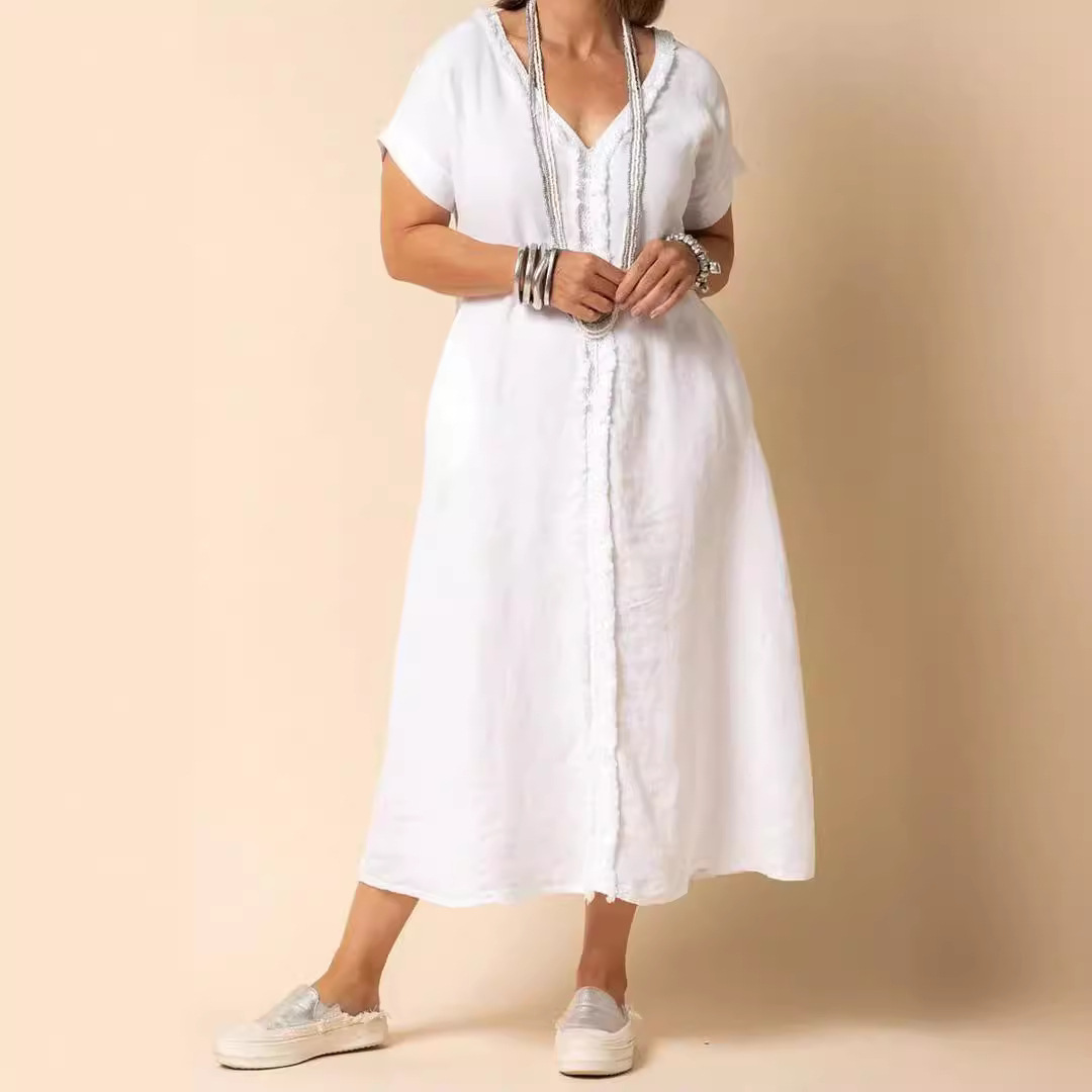 Cotton And Linen Casual V-Neck Pocket Dress