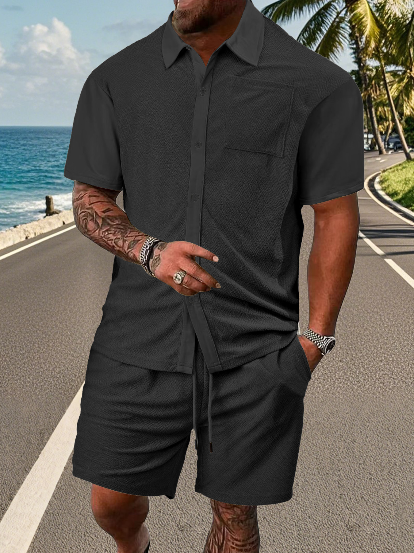 Solid Color Button-Cross Jacquard Short Sleeve Suit