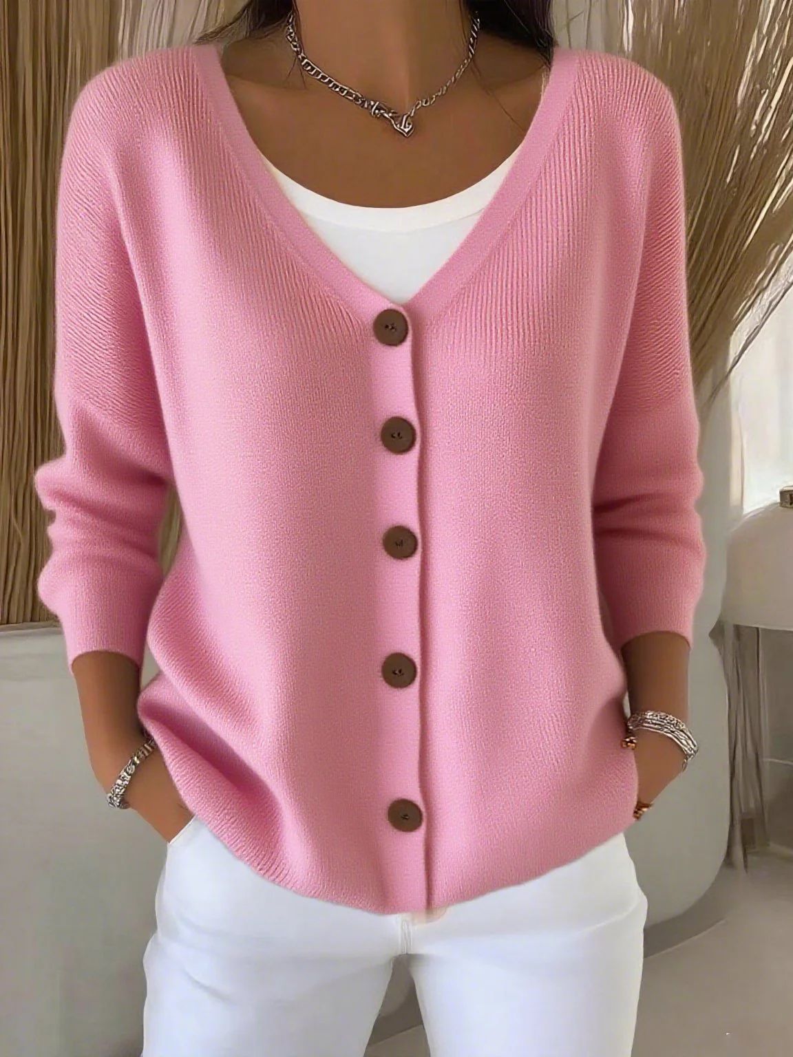 Women's Solid Color Loose Knitted Button Cardigan Sweater