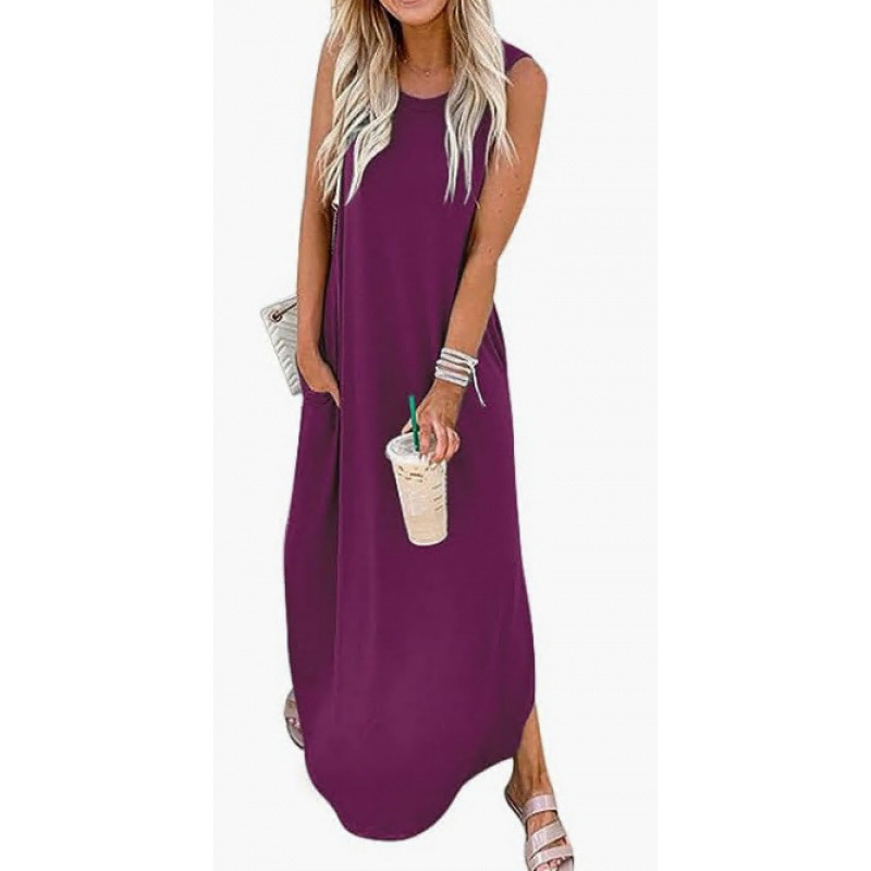 A Plain-Colored Long Dress With A Round Neck And No Sleeves