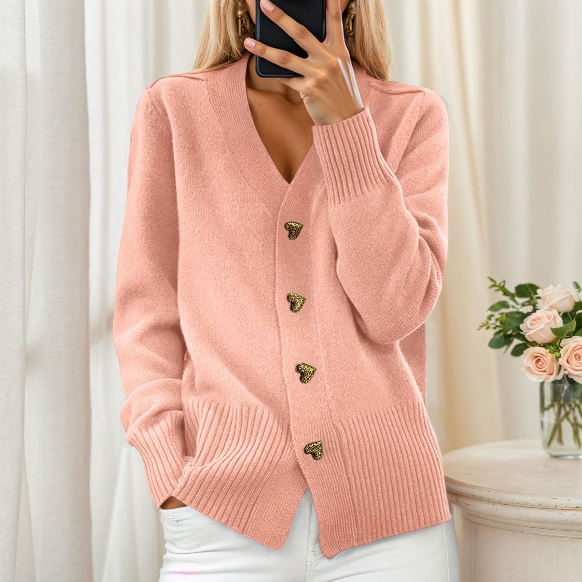 Women's Vintage Solid-Color V-Neck Cardigan With Heart-Shaped Buttoned Sweater Coat