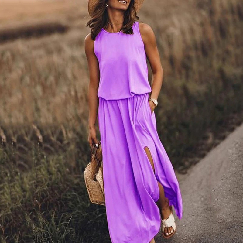 Round-Neck Sleeveless Slit Dress
