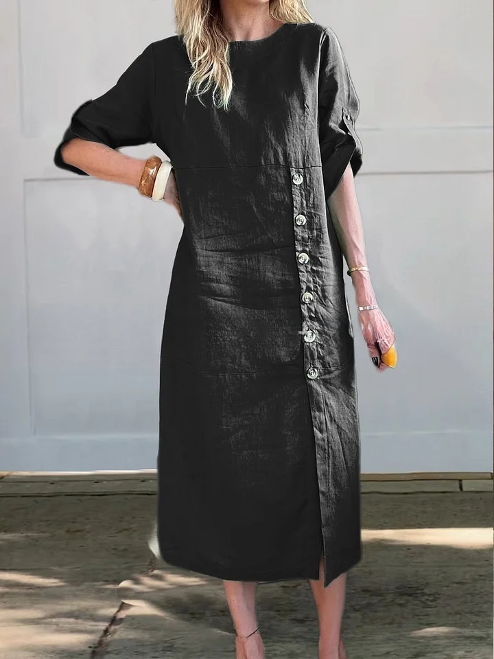 Casual Round-Neck Button-Down Slit Dress