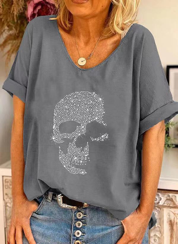 2024 spring new women's short-sleeved skull beaded T-shirt