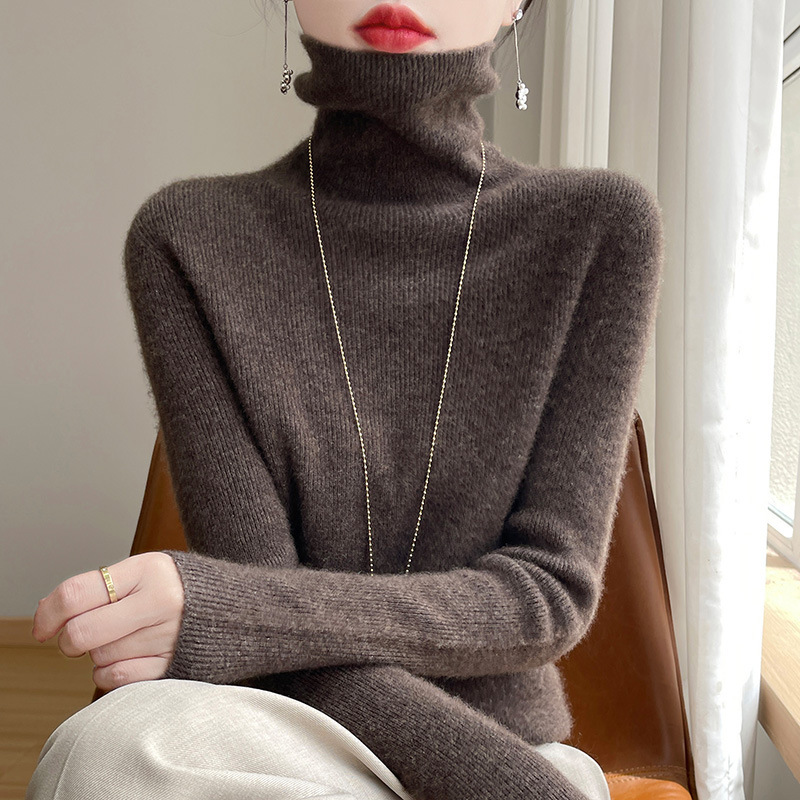 Ready-To-Wear Turtleneck Bottoming Shirt Seamless Striped Autumn And Winter One-Line Sweater New Pile Collar Women'S Sweater Slim Gray