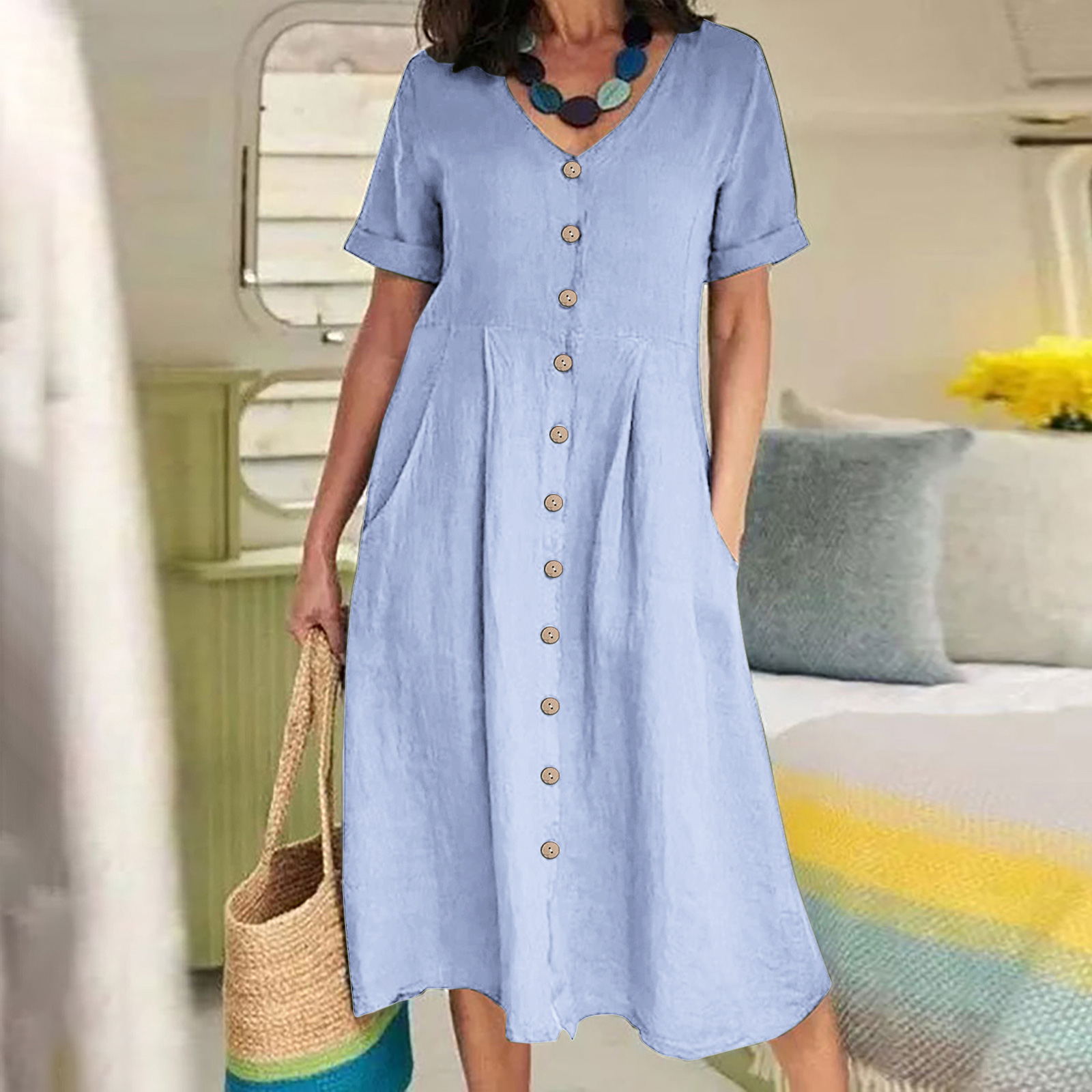 2025 New Loose Solid Color Cotton And Linen Dress