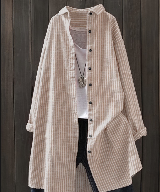 Large Stock Amazon New Women'S Literary Cotton And Linen Striped Shirt Mid-Length Long Sleeves Large-Size Pocket Top