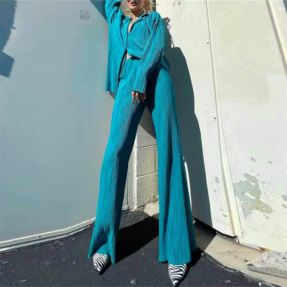 Loose ice silk smooth pleated casual two-piece suit