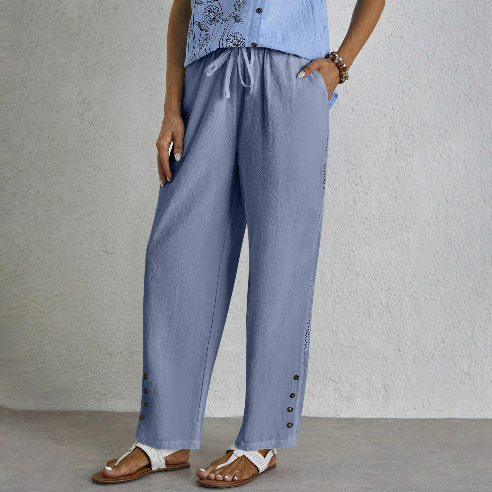 Cotton And Linen Drawstring Lace Button Casual Pants