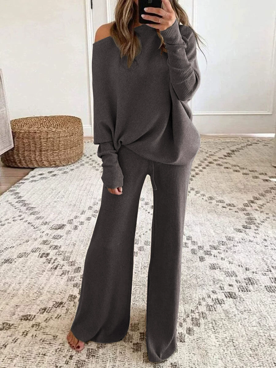 Women's solid color round neck cashmere knitted long sleeve casual two-piece suit