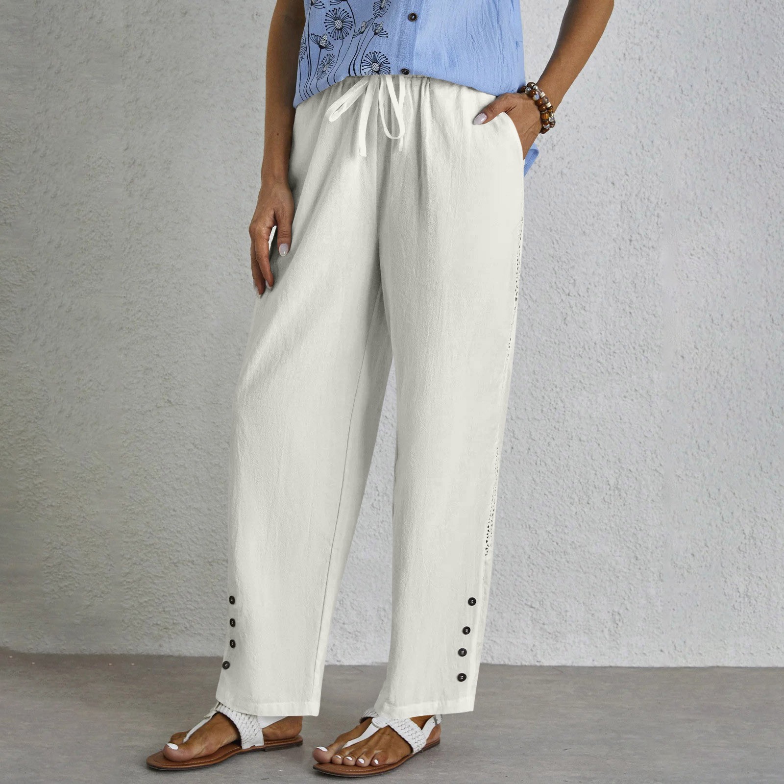 Cotton And Linen Drawstring Lace Button Casual Pants