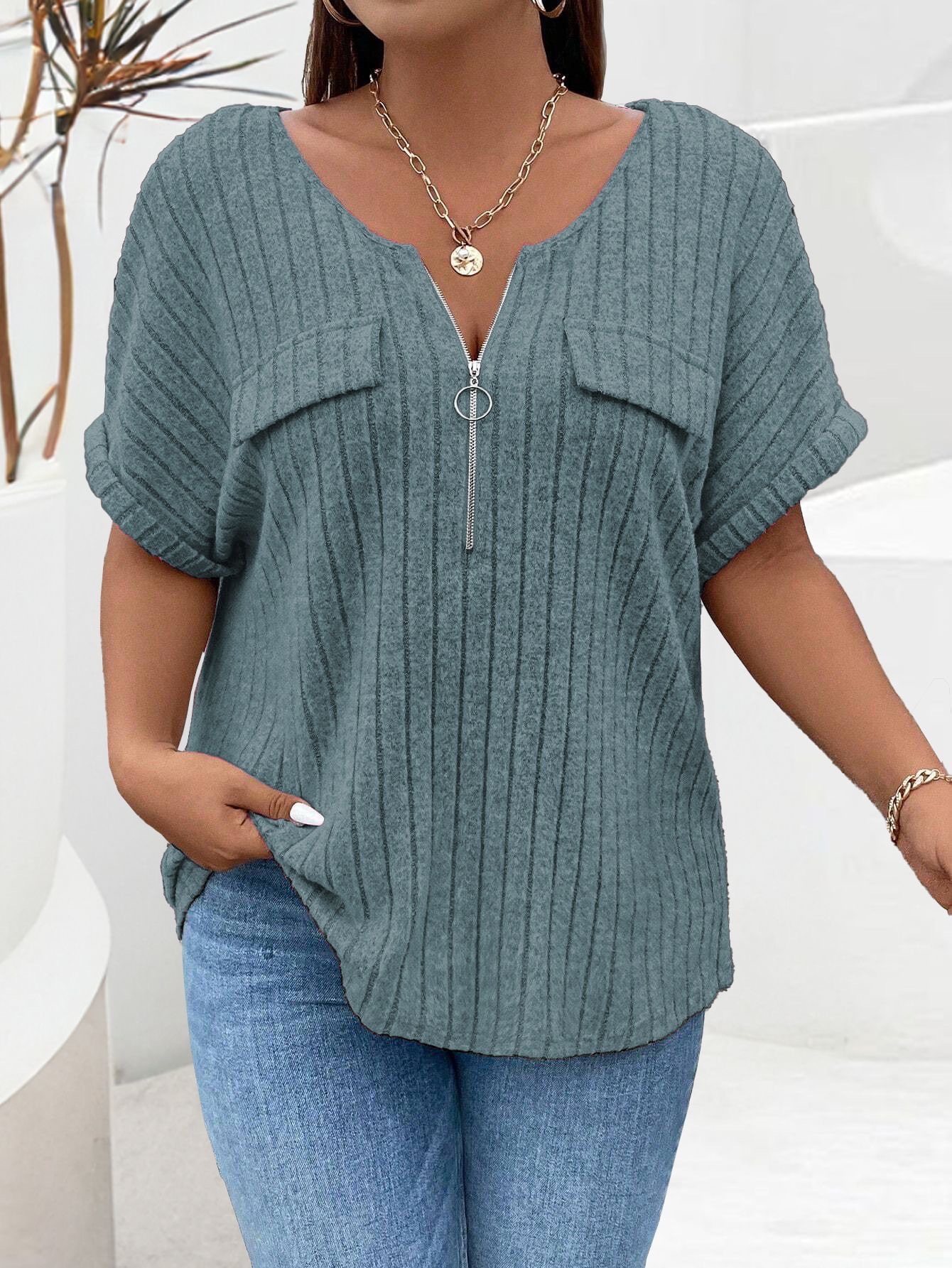 2025 Casual Plain Plus Size T-Shirt Ring Zipper