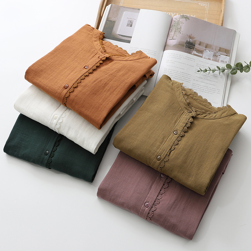 Double Cotton Stand Collar Lace Shirt