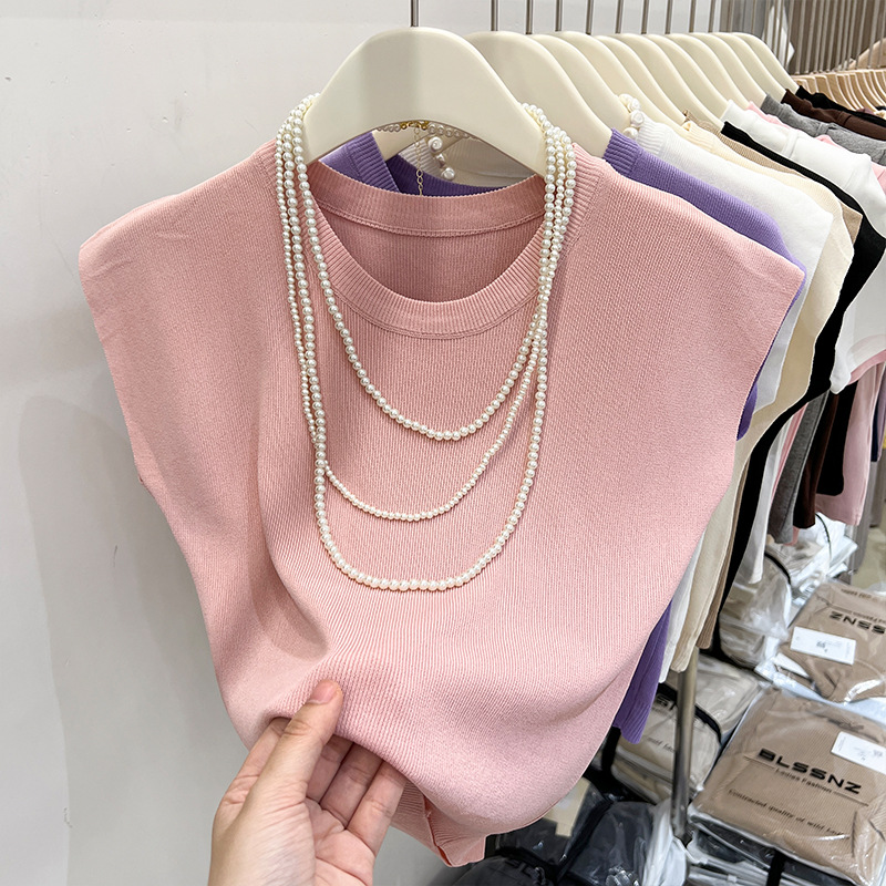 Casual Round Neck Knitted Ice Silk Sleeveless Top