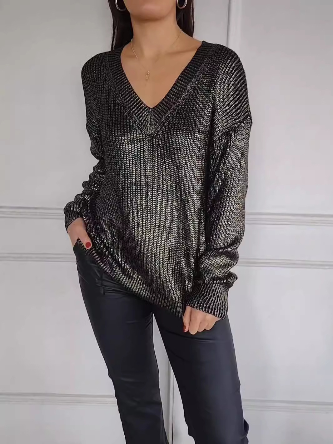 Women's knitted V-neck casual mercerized pullover sweater