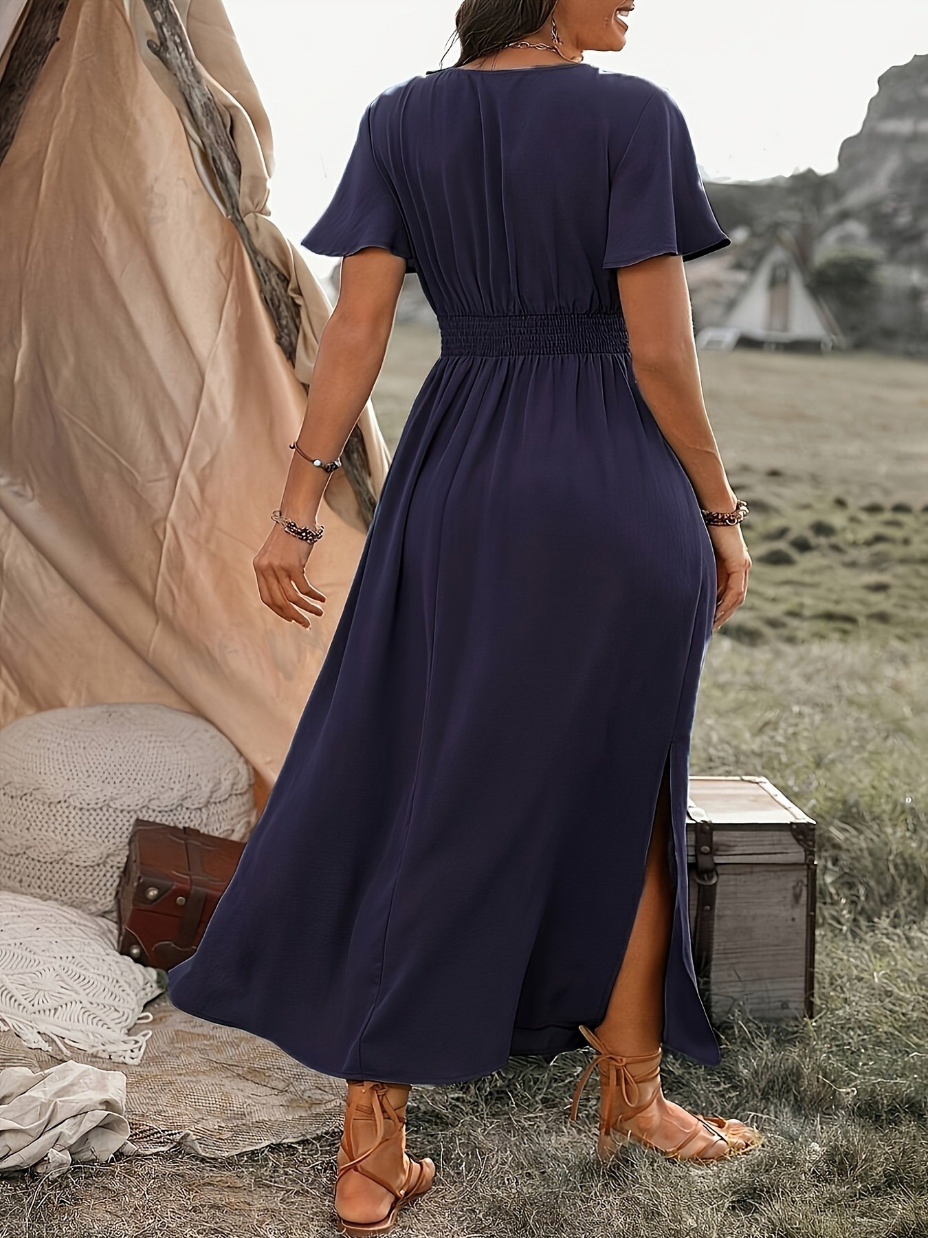 A V-Neck, Flared Sleeve And Slit Long Dress