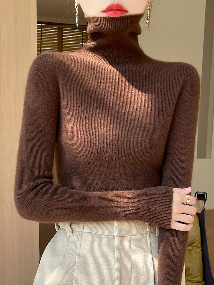Ready-To-Wear Turtleneck Bottoming Shirt Seamless Striped Autumn And Winter One-Line Sweater New Pile Collar Women'S Sweater Slim Gray
