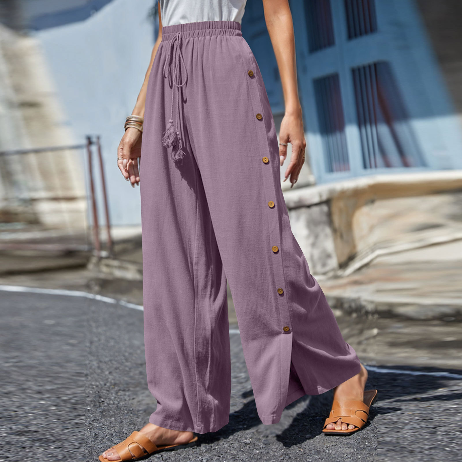 Solid color elastic-waist lace-up baggy wide-leg pants