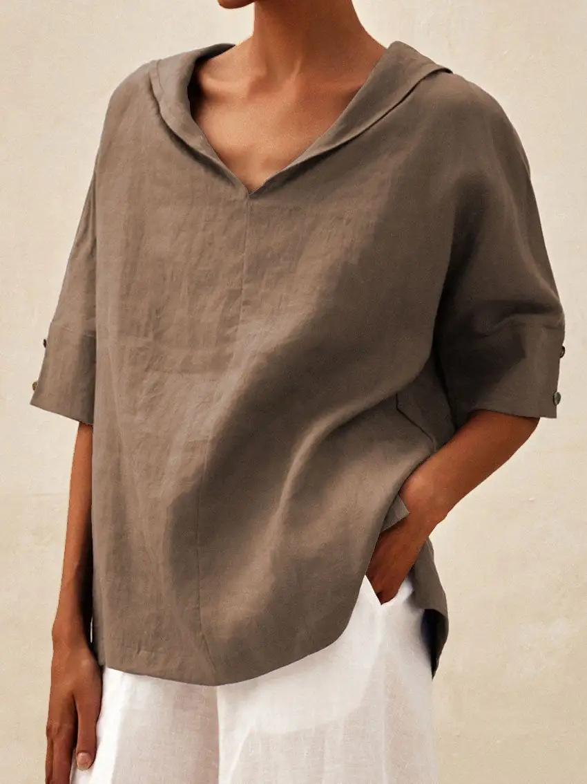 2025 New Women'S Clothing Solid Color Cotton Linen Loose Top T-Shirt