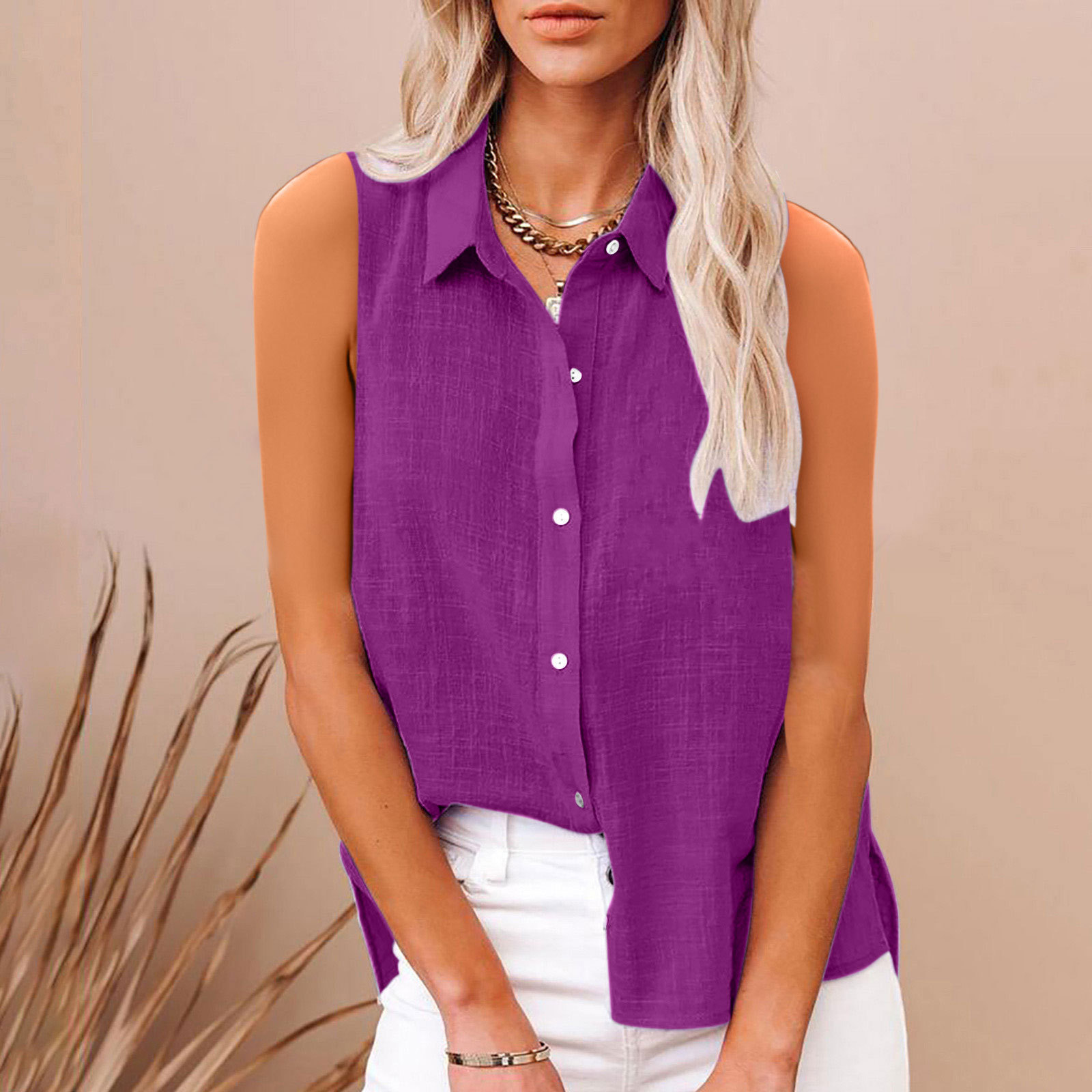 Cotton and Linen Button-Down Sleeveless Shirt