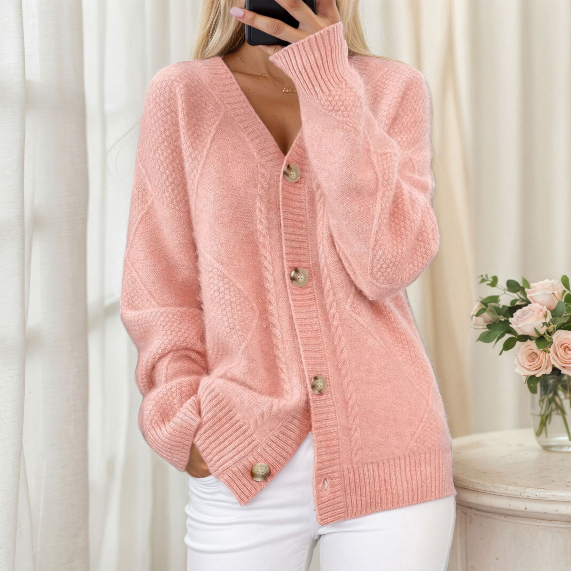 2025 New Solid Color Long Sleeve V Neck Knitted Cardigan Breasted Jacquard Sweater Jacket