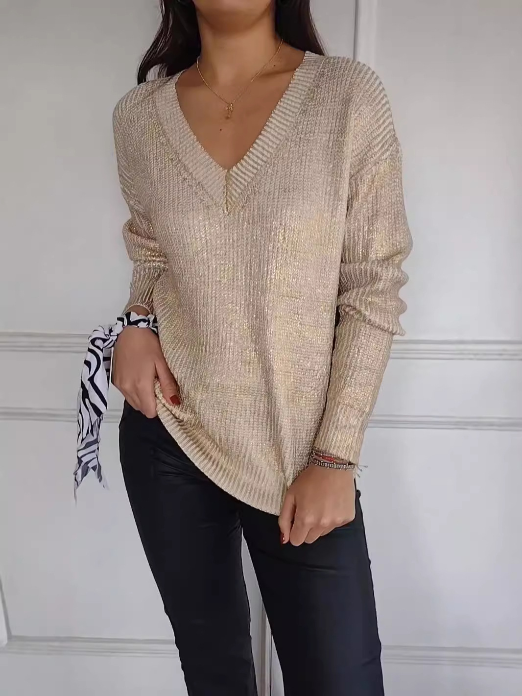 Women's knitted V-neck casual mercerized pullover sweater