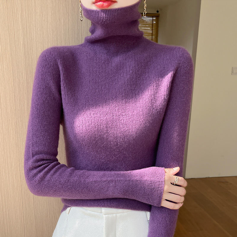 Ready-To-Wear Turtleneck Bottoming Shirt Seamless Striped Autumn And Winter One-Line Sweater New Pile Collar Women'S Sweater Slim Gray