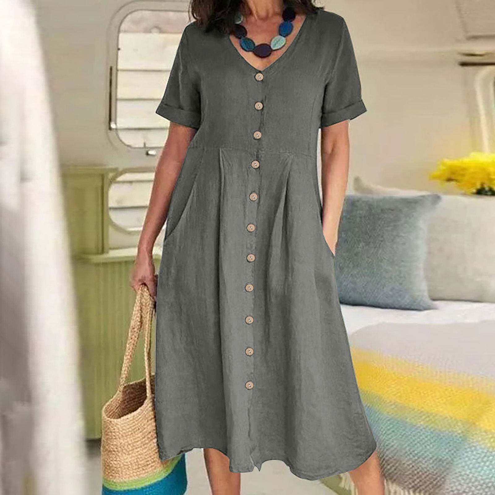 2025 New Loose Solid Color Cotton And Linen Dress