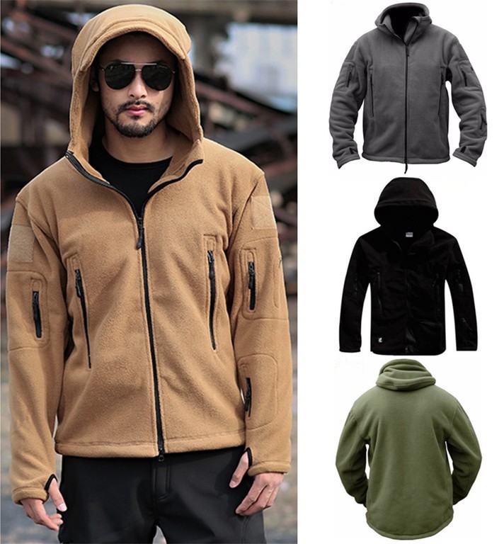 Men's outdoor warm lining fleece jacket men's cold-proof warm hooded jacket solid color hooded jacket