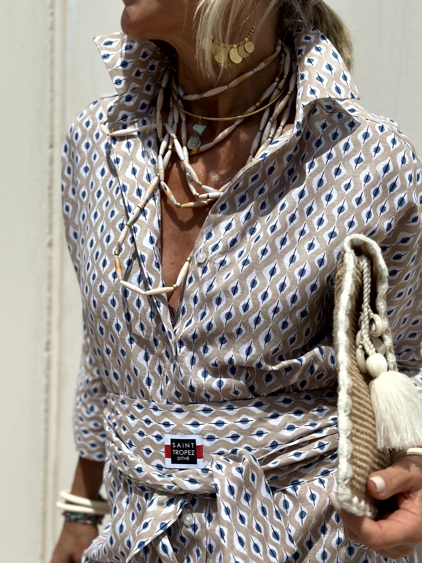 Three-Quarter Sleeve Striped Slit Shirt Dress