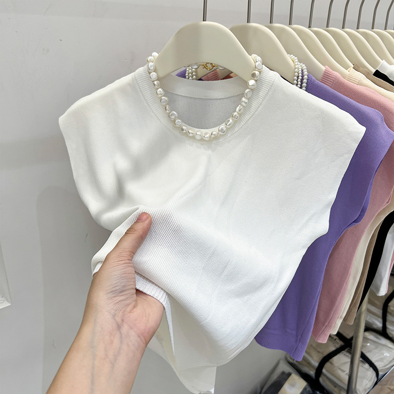 Casual Round Neck Knitted Ice Silk Sleeveless Top