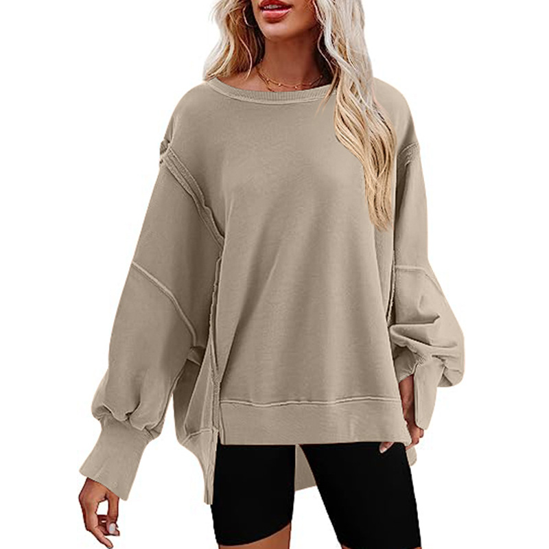 2024 Oversized crew neck sweatshirt with side slit long sleeve hoodie