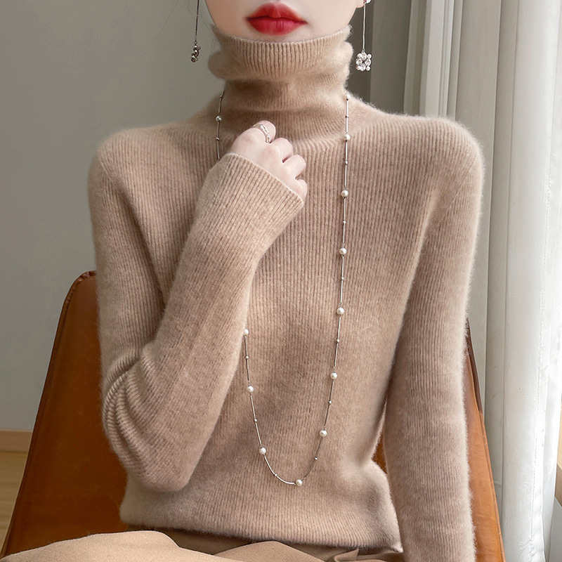 Ready-To-Wear Turtleneck Bottoming Shirt Seamless Striped Autumn And Winter One-Line Sweater New Pile Collar Women'S Sweater Slim Gray