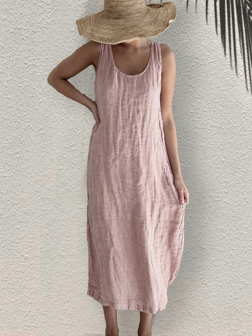 Cotton and Linen Round Neck Loose Sleeveless Dress