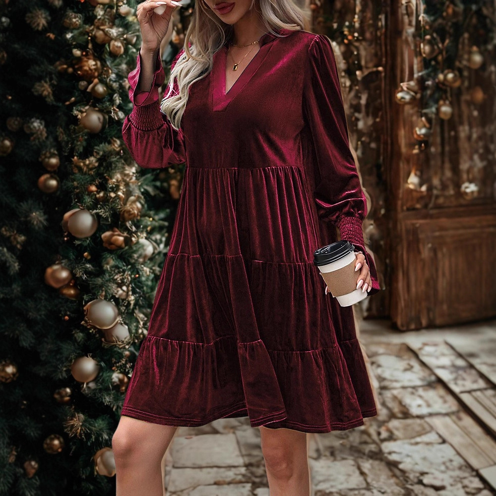 🎄Christmas Sale🔥2025 New Long-Sleeved Christmas Dress, Short Skirt, Velvet Cake Skirt