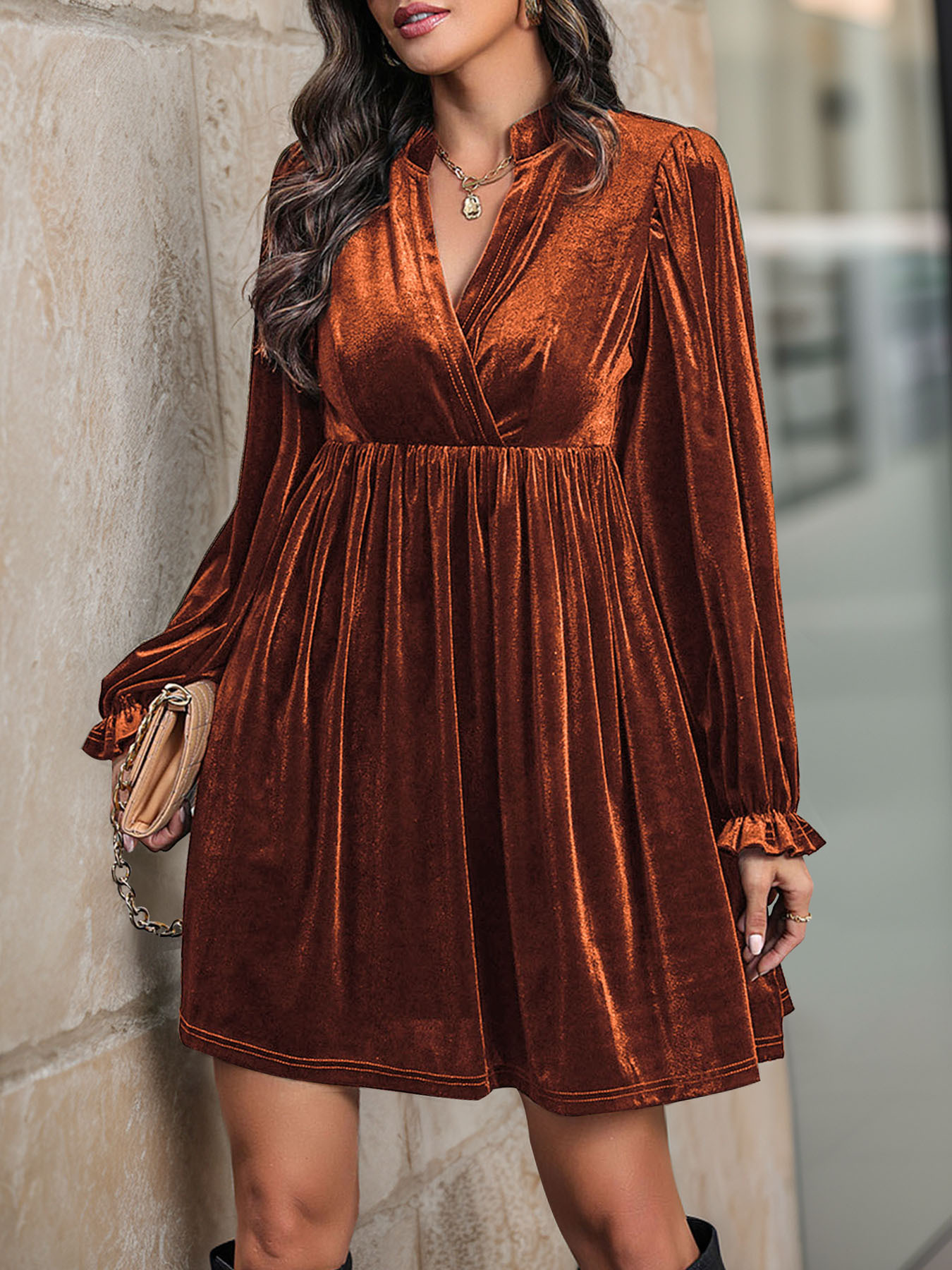 V-neck spliced velvet Christmas dress