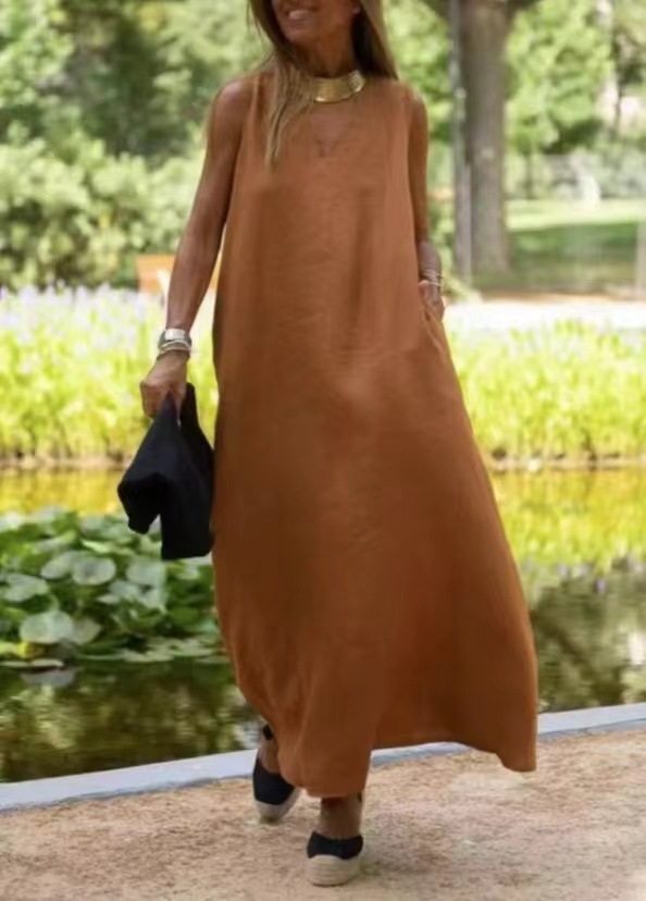 Casual Solid-Color Cotton and Linen Dress