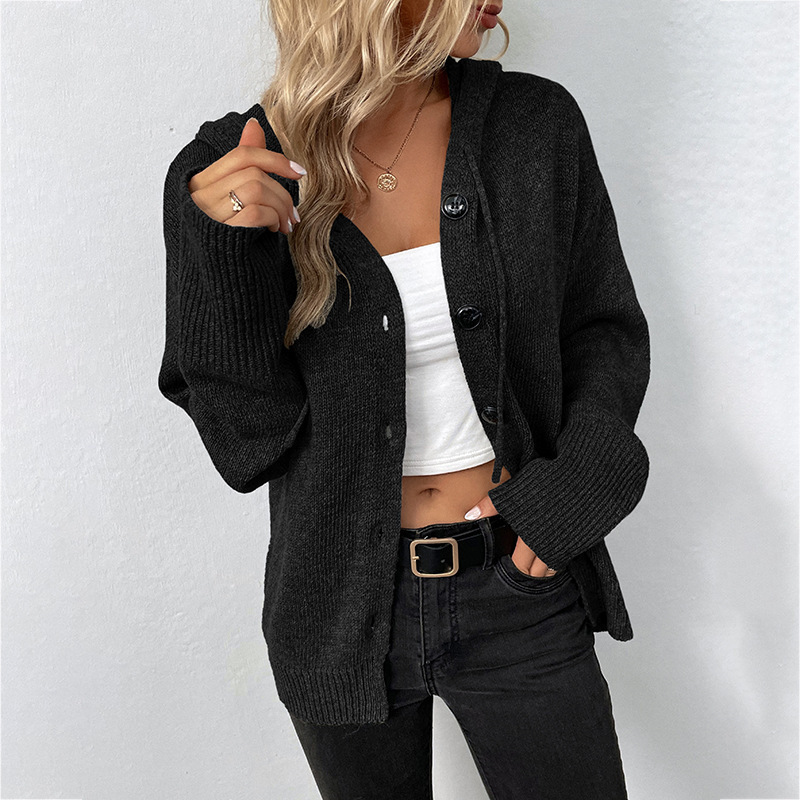 2025 new hooded drawstring knitted single-breasted cardigan jacket